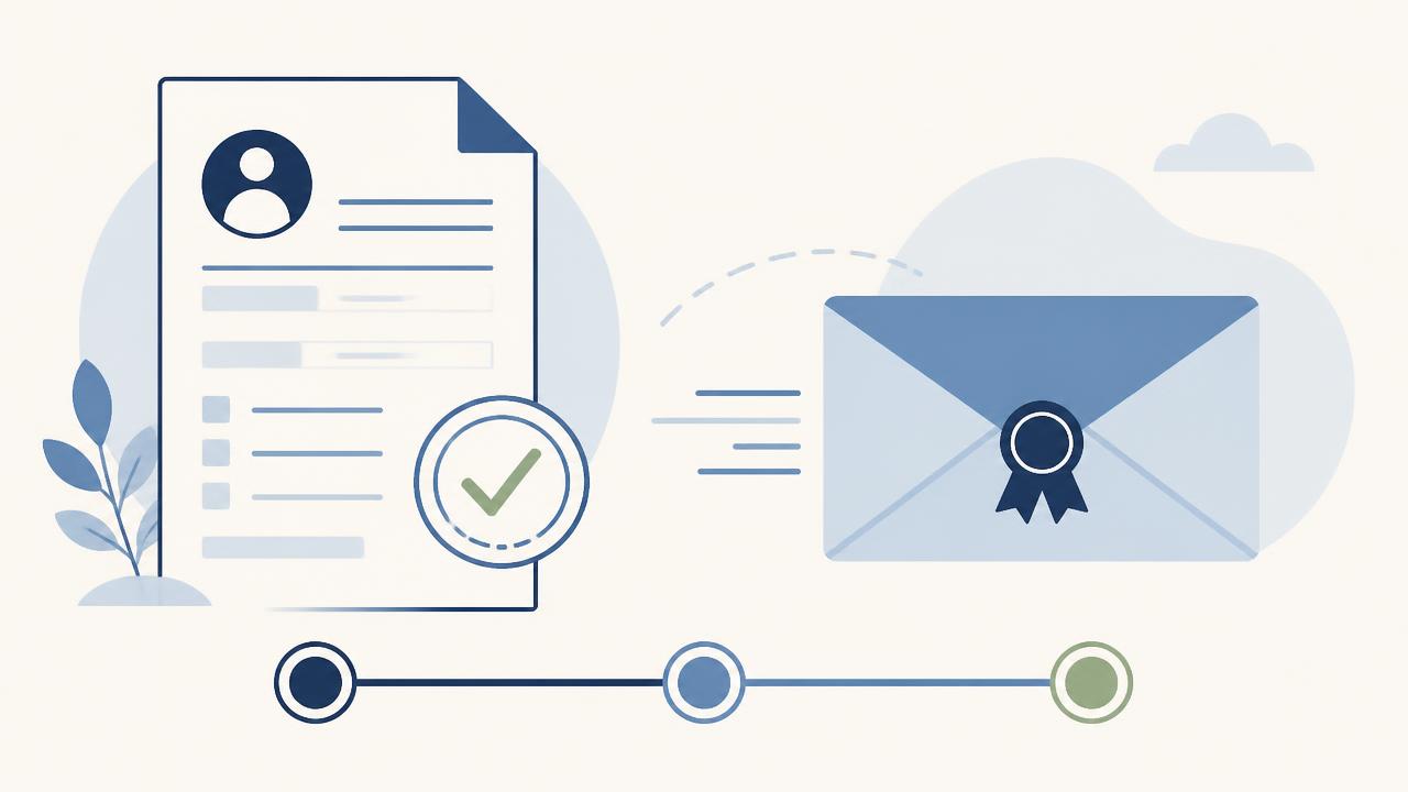 A stamped application form, an envelope in transit and a three-step progress tracker