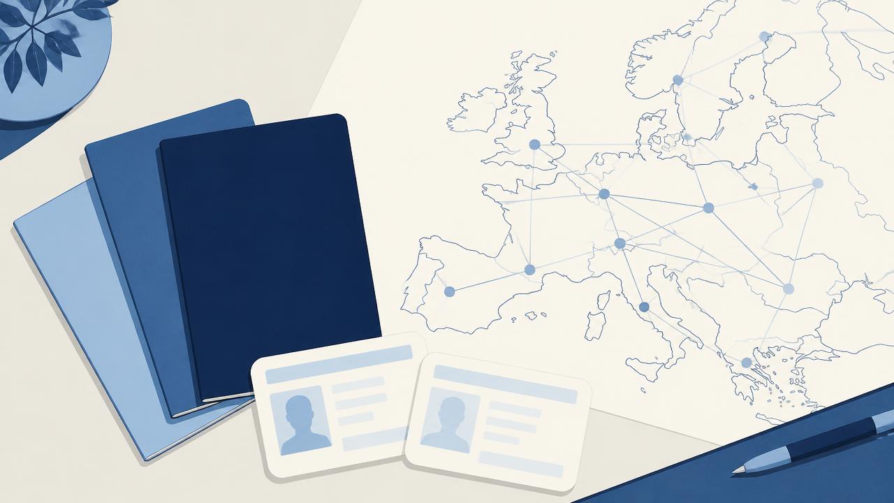 Passports, ID cards and a map of Europe with connected contribution nodes